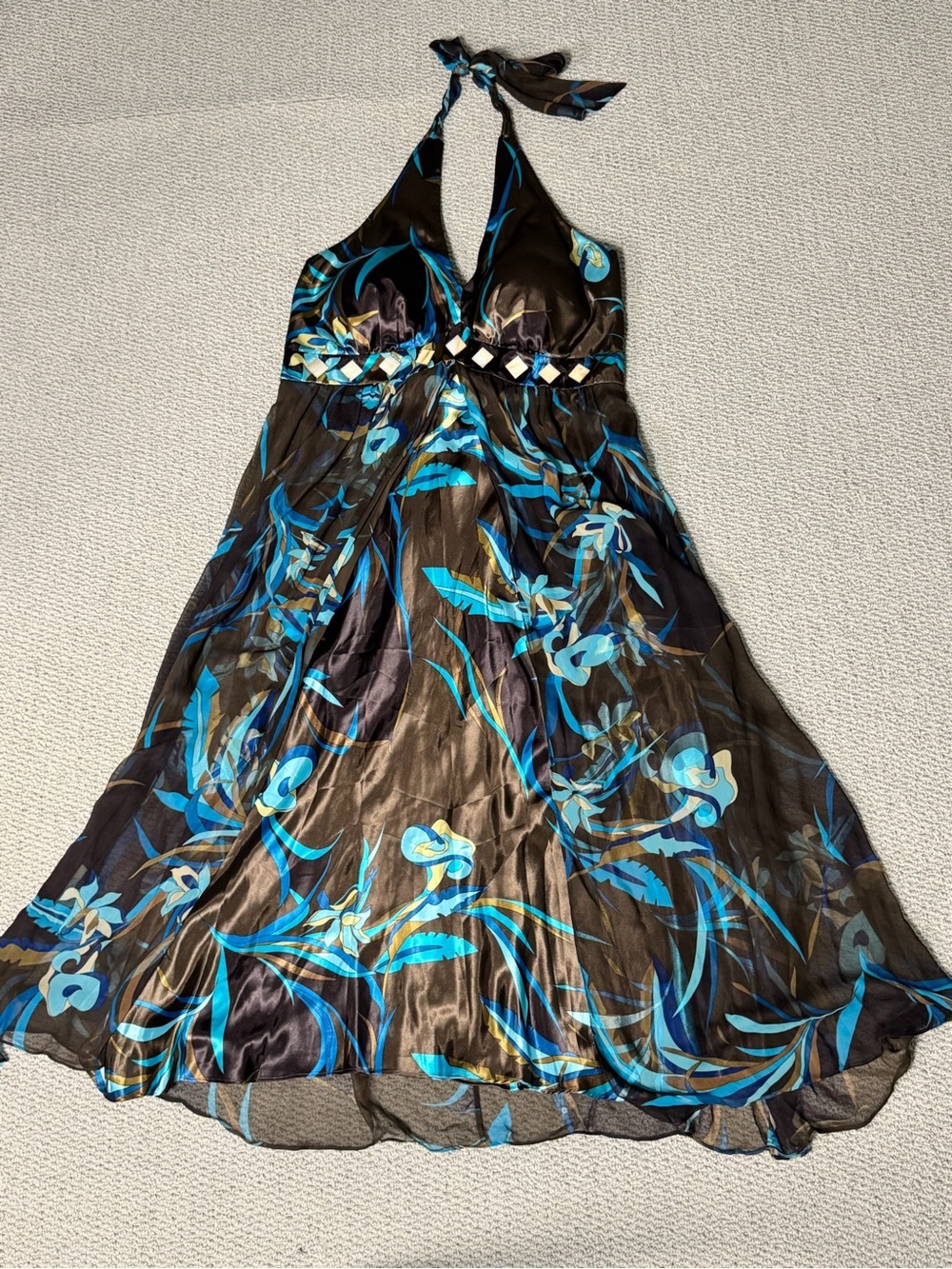 Robbie Bee Y2K Silk Beaded Halter Dress Brown Turquoise Boho Festival Size 18W